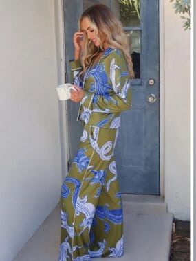 NOLI YOGA-Noiri Dragon Print Pajama Set Blue Green Satin Top Pants Size M L